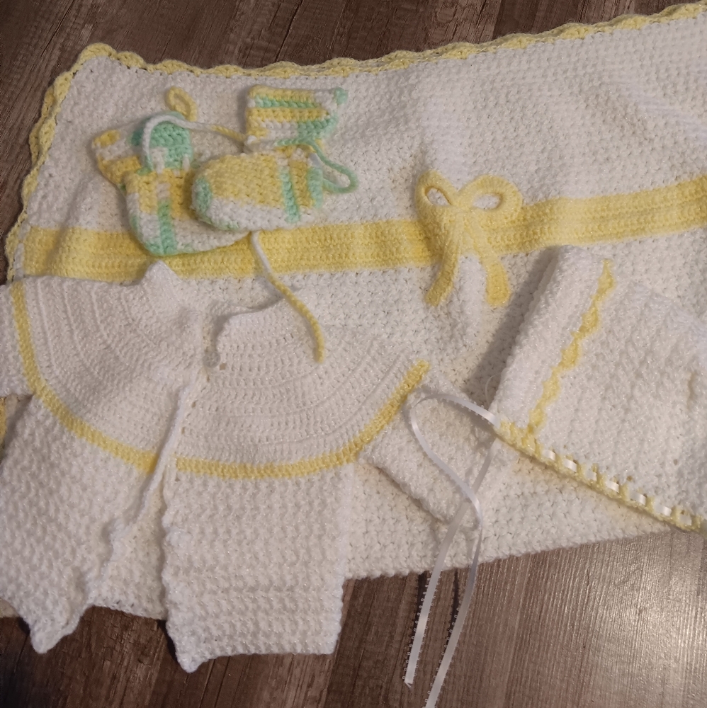Handmade Crochet Baby Set in White and Yellow